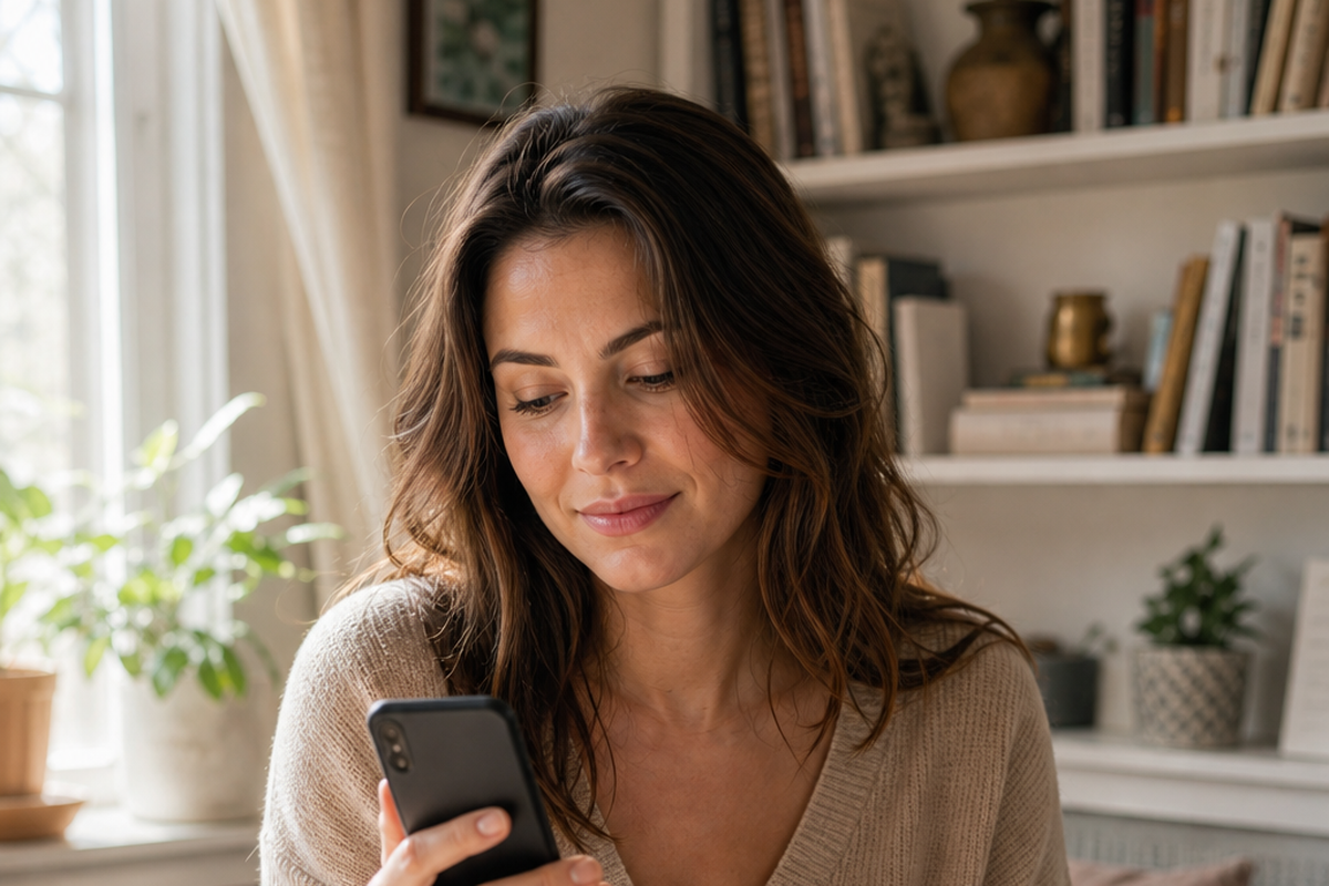 Frau mit Smartphone als Symbol für eine moderne KI-Freundin